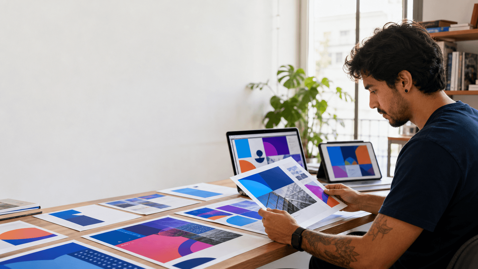 Freelancer revisando as páginas impressas de uma proposta profissional